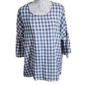 Suzanne Betro Top Tunic Cotton Blue Checked Short bell sleeves NWT Women's 1X